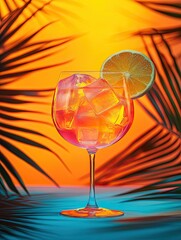 A vibrant tropical cocktail in a large glass filled with ice cubes and garnished with a lemon slice, set against a sunset background with palm shadows.
