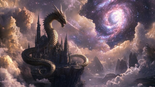 A colossal dragon coiled around a floating, crystalline castle, with a sky filled with swirling galaxies and a mystical, glowing aurora