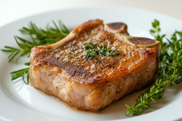 Juicy pork chop garnished with fresh herbs on a white plate