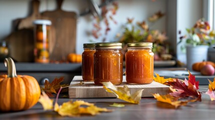 Autumn Harvest Display of Homemade Jars on a Minimal Kitchen Counter