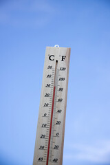 Thermometer shows high temperature in summer heat