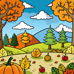 Obraz premium Vector Design Autumnal Scene Background with Multicolor Fill and Bold Black Outlines art vector illustration