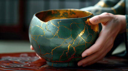 Hands holding an antique green ceramic bowl, restored using the Japanese kintsugi technique. Bonding and healing broken pieces of dishes with gold. New life for old things. Zero waste life.