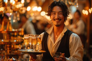 Handsome 25-year-old Japanese man with short-length black hair, wearing a white shirt, black vest, and black slacks, AI Generative