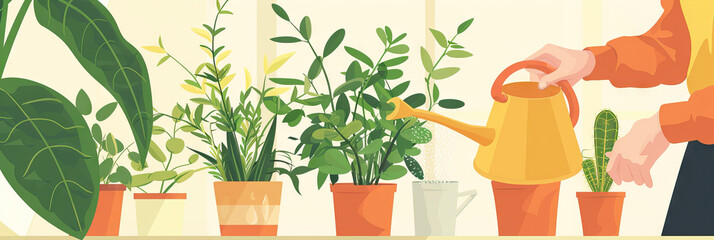 Plant Parenthood: A person carefully tending to their indoor plants, watering and pruning them, showing the nurturing aspect of home gardening.