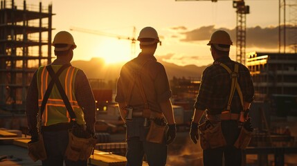 Sunset at the Construction Site: Three Workers in Safety Gear Overlooking a City Skyline as the Day Ends