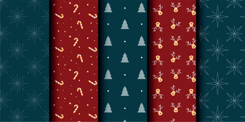 Set of Christmas vector seamless pattern. Merry Christmas and Happy New Year. Christmas symbols background. Vector red and blue seamless illustration