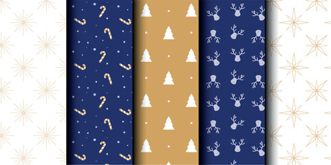 Set of Christmas vector seamless pattern. Merry Christmas and Happy New Year. Christmas symbols background. Vector gold and blue seamless illustration