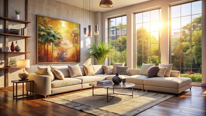 cozy afternoon sunlight pours through floor-to-ceiling windows onto plush cream sectional sofa amidst modern art pieces in spacious eclectic living room
