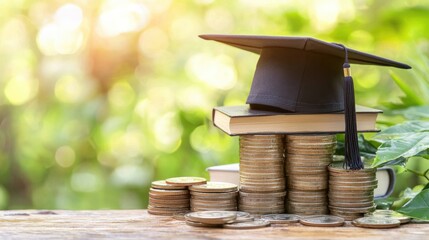 Educational investment: Cost of higher education depicted with graduation cap, books stack of coins, financial commitment of tuition fees, potential for future earnings through academic achievement.