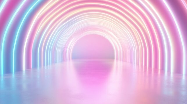 A neon pink tunnel with neon green and purple lights
