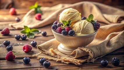 Creamy vanilla ice cream swirls dance among juicy purple berries on a vintage wooden tablecloth, bathed in warm golden light, with whispers of sweet cream and summer's simplicity.