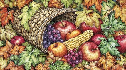 Fototapeta premium A vibrant and detailed image of a cornucopia (horn of plenty) overflowing with an assortment of mini fruits and vegetables. 