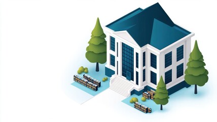 Isometric 3D library building with large windows, multiple floors, and an outdoor reading area, highlighting education and culture, Isometric 3D building, educational, cultural