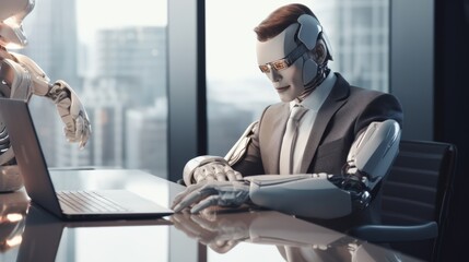 A humanoid robot works in an office on a laptop, showcasing the utility of automation in repetitive and tedious tasks. Neural network ai generated art