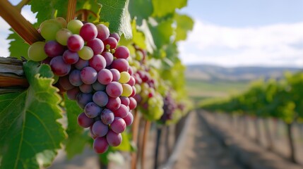 Fototapeta premium A bunch of grapes hanging from a vine. The grapes are red and green