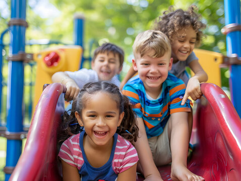 Gl&uuml;ckliche Kinder, die auf einem Spielplatz im Sommer spielen