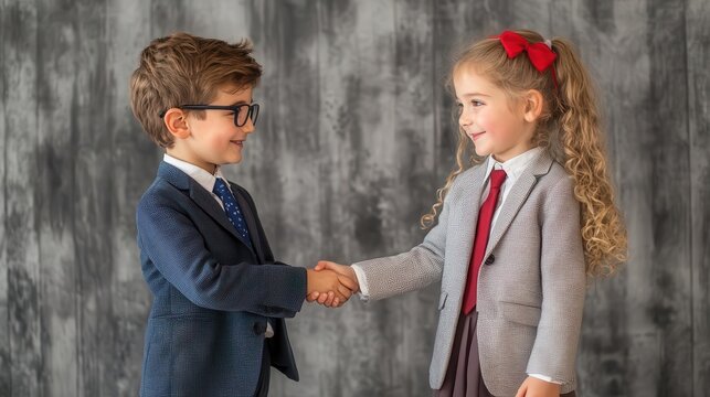 Two children in business suits shaking hands, symbolizing partnership and success.
