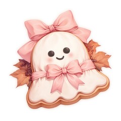 Cute ghost cookie adorned with pink bows and surrounded by autumn leaves, perfect for Halloween treats and festive celebrations.
