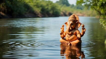 Eco-friendly Ganapati Statue Immersion: Soil Clay Idol in River