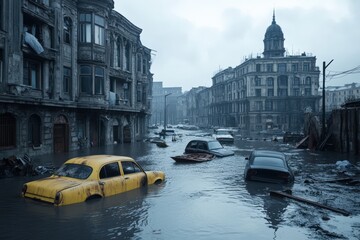 An abandoned urban street heavily flooded with water, showing partially submerged cars and derelict buildings, evoking a sense of abandonment and environmental catastrophe.
