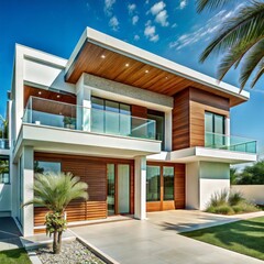  Modern Luxury Home Exterior with Glass Balconies and Palm Trees