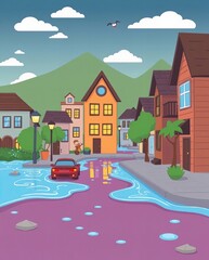 cartoon illustration of a flooded street with houses and a car.