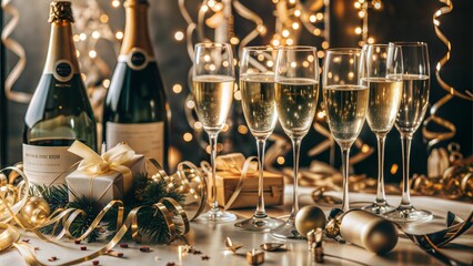  Champagne Bottles and Glasses with Gifts, Festive New Year Party Table