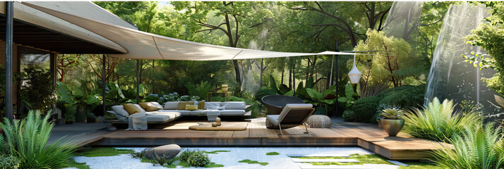 Shaded Oasis: A cozy outdoor seating area with a misting system or shade canopy, offering a cool retreat from the blazing sun.