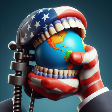 Industrial vice with the inscription US squeezes the globe. Concept of hegemony and domination