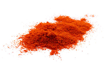 Red pepper powder isolated on white background, top view. Red paprika, powder on a white background. Heap of red pepper powder on a white background. Pile of red paprika isolated on white background.