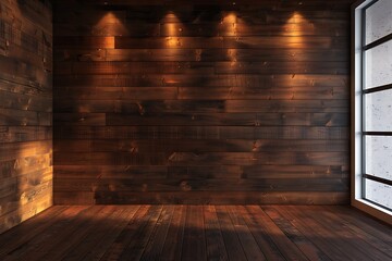 Empty dark brown plank wall room interior 3d render,decorated with hidden warm lighting.