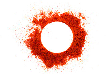 Red pepper powder isolated on white background, top view. Pile red pepper powder round frame and border isolated on white, top view. Heap of red pepper powder on a white background.