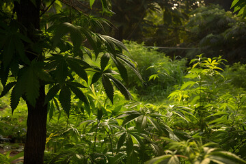 Cannabisplantage in einer tropischen Berglandschaft