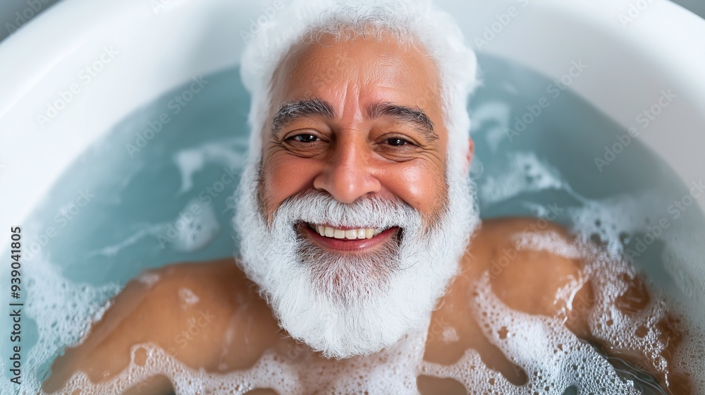 Poster a man with a beard and mustache is smiling while taking a bath. the water is bubbly and the man is e