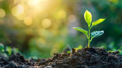 A young plant sprouting from the ground, with sunlight and a green natural background