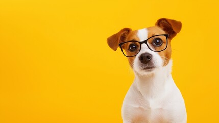A dog wearing glasses is standing in front of a yellow background. The dog's eyes are wide open, and it is looking directly at the camera. Concept of curiosity and playfulness