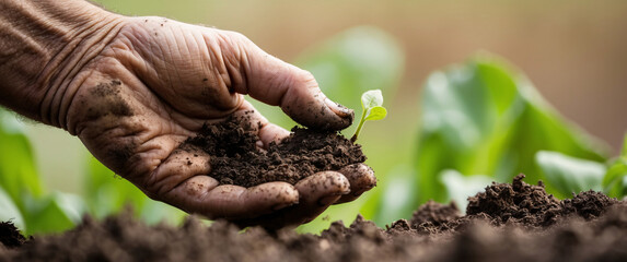 Expert hand of farmer checking soil health before growth a seed of vegetable or plant seedling, Business or ecology concept, analyze complex data sets in real-time, with a digital interface overlaid o