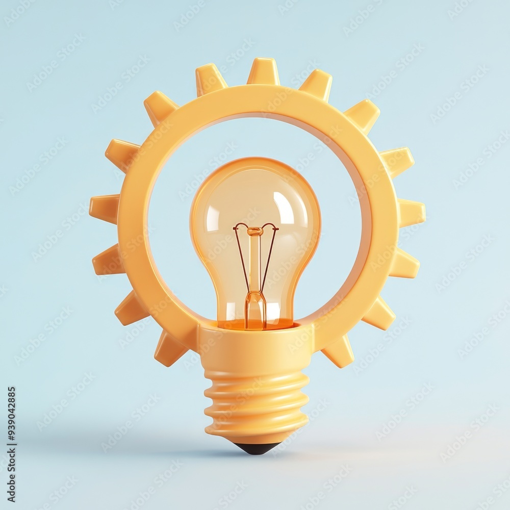 Poster a 3d simple style icon of a gear with a light bulb in the center symbolizing innovation and business