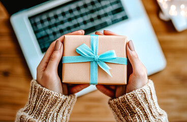 Fototapeta premium Femme offrant un cadeau à un collègue de travail au bureau