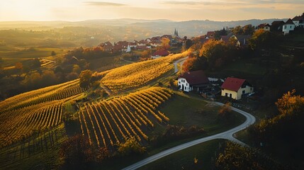 Naklejka premium High-angle view of a picturesque vineyard in autumn.