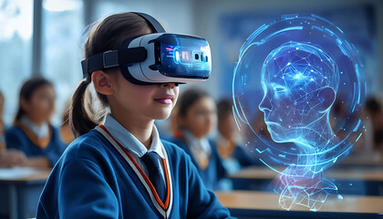 School student with VR headset using AI artificial intelligence technology & machine learning. Interactive technology in classroom. Innovation & smart tech. AI blue hologram in education 