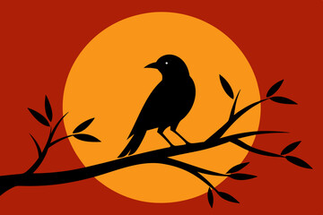 One bird perching on the branch in the beautiful sunset silhouette vector illustration