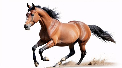 Fototapeta premium A brown horse with a black mane and tail runs on a white background, kicking up dust.