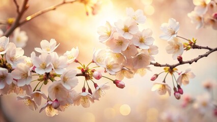 Obraz premium ethereal silhouettes of delicate cherry blossoms against creamy pure white background with soft golden hour light, subtle textures, and hints of pastel pink hues evoking serenity