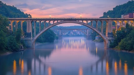 Fototapeta premium Stunning river view featuring a beautiful arch bridge at sunset, surrounded by lush greenery and calm waters