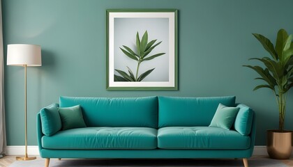 Interior mockup In a white room a blue sofa is placed next to a photo frame on the wall