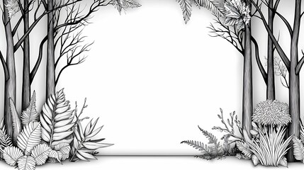 Enchanted Forest Coloring Page with Animals and Plants for DIY Artistic Fun, Isolated on White Background with Copy Space
