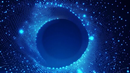 Vector abstract blue background with a geometric shapes frame Features a circular ornament pattern made of dots particles and fragments Suitable for technology medicine presentations