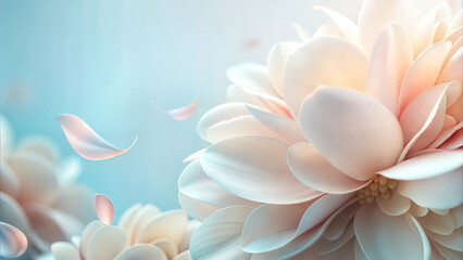 Obraz premium Delicate layered flower petals in pastel white and light pink on soft blue background with floating petals and airy atmosphere
